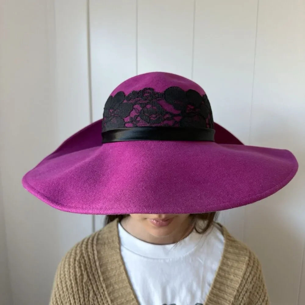 VTG 80s Deadstock Michael Howard Fuchsia Wool Fedora Hat Lace Satin Bow USA NOS